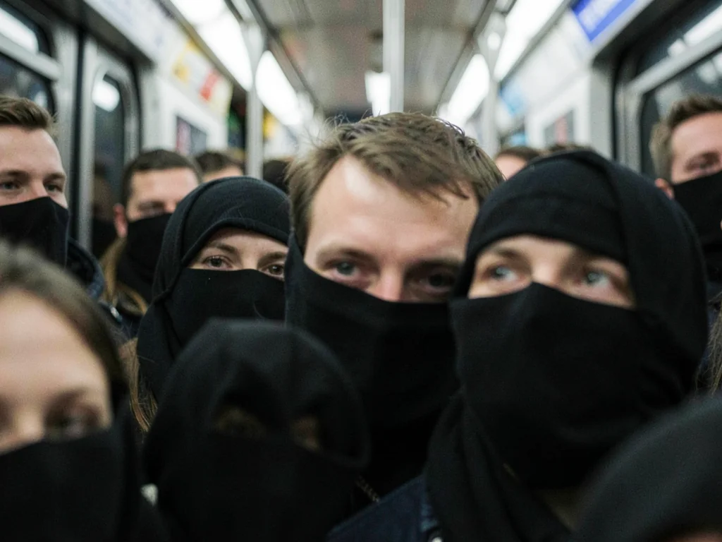 Sea of masked faces in subway car, compressed so features blur together, one per