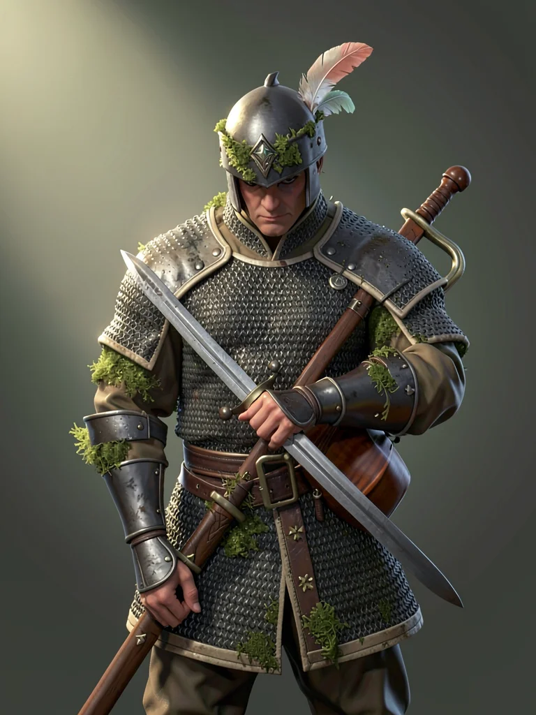 Helm-down warrior-bard in jingle-mailed jerkin with feathered hat, rapier and lu