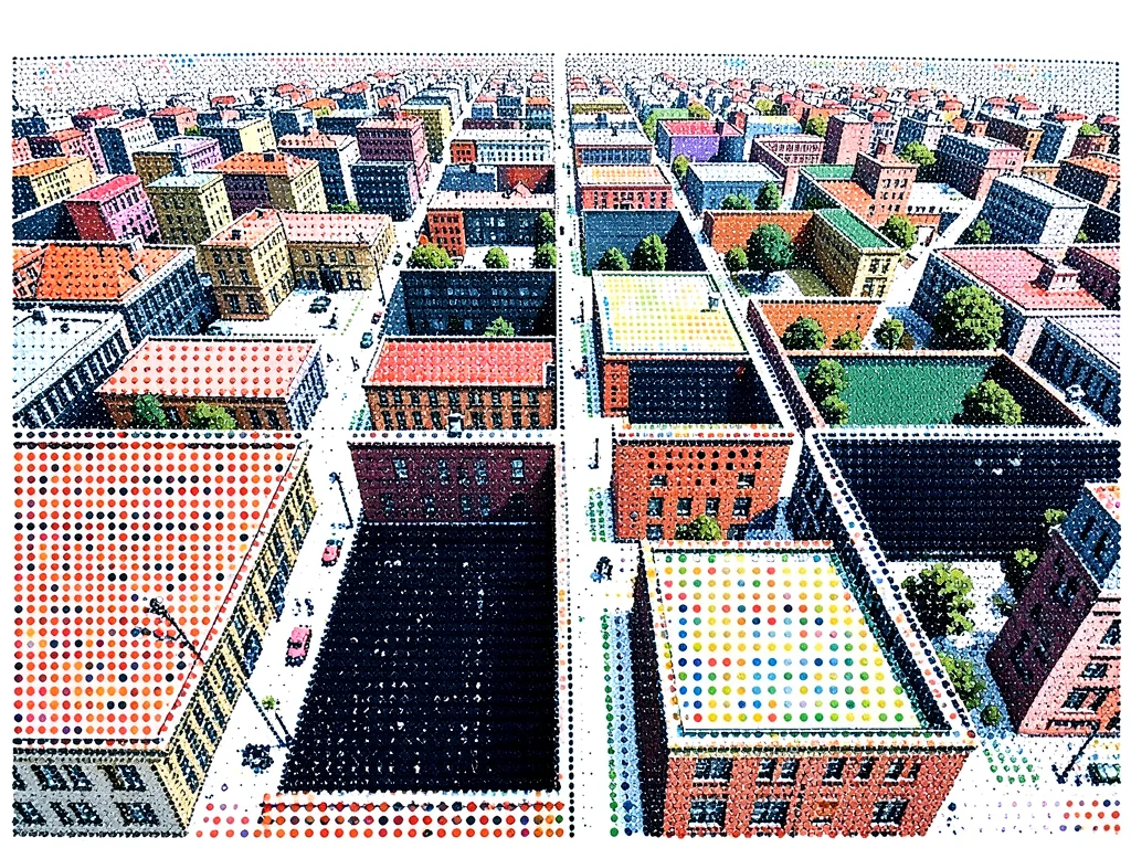 Rooftop view of a city grid — streets, blocks, shadow all in systematic dot arra