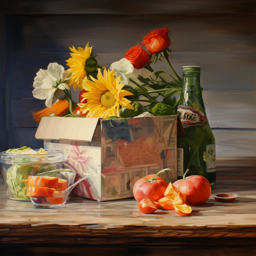 Oil painting of a kraft dinner box on the counter. na