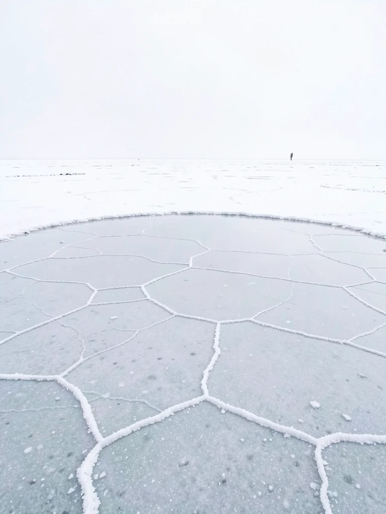 Snowstorm on salt flat — identical white above and below, figure barely distingu