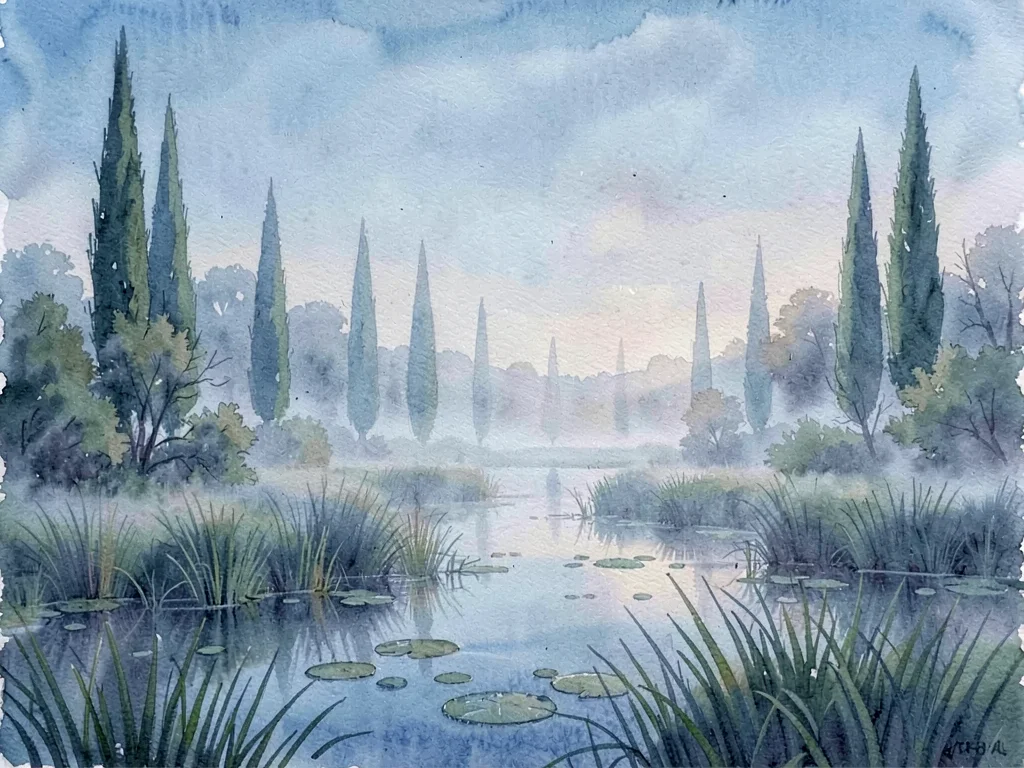 Painterly soft humid haze settles over a quiet wetland at blue hour while distan