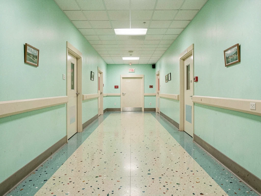 Hospital corridor with perfect bilateral symmetry, mint green walls, terrazzo fl