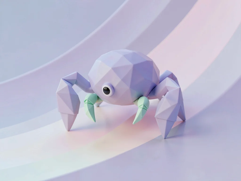 Pinching lavender lowpoly crab with chunky triangulated claws and tiny mint legs