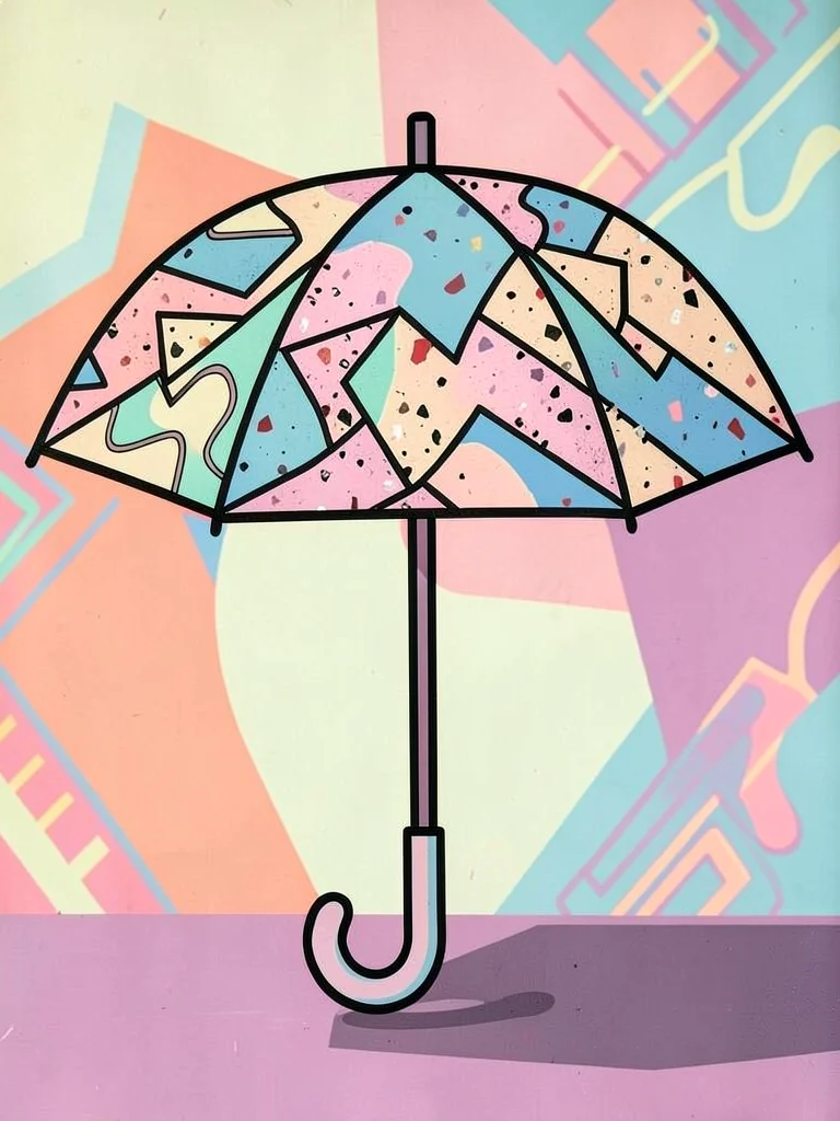 Umbrella with Sottsass energy, geometric handle, terrazzo pattern canopy panels