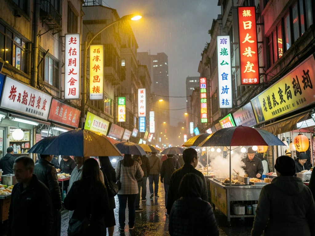 Ximending twilight in drizzle
