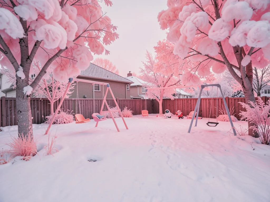 Suburban backyard in infrared where the grass is snow and the trees are cotton c