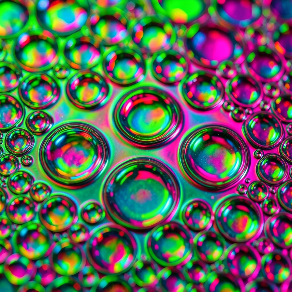 Oil bubbles on water lit from below with shifting colors, cellular pattern in ps