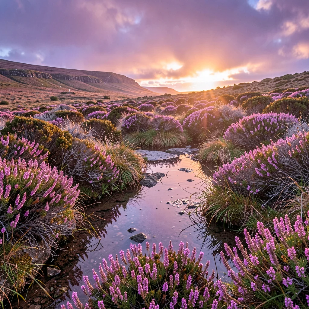 Connemara bog light, Atlantic silver, Heather in bloom across hillside, purple h