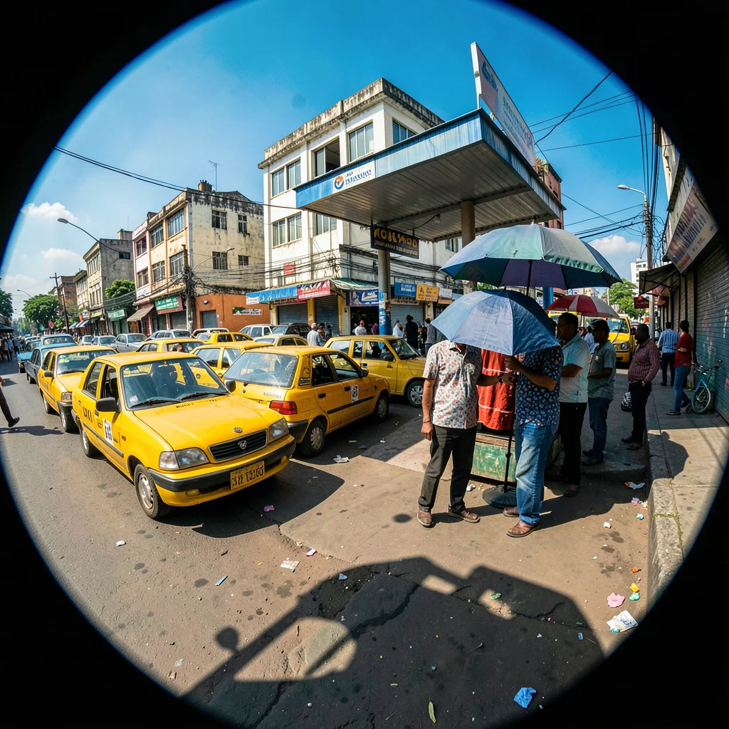 Harsh equatorial noon light casting deep shadows, Taxi stand with yellow Lagos c