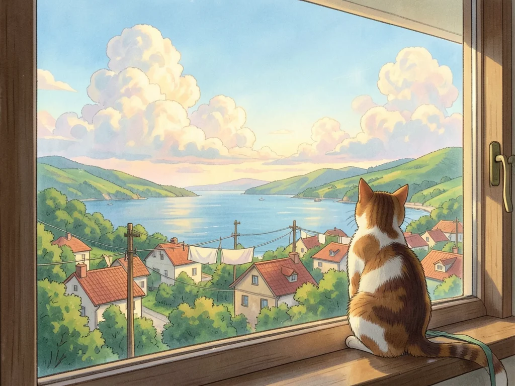 Cat sitting on a windowsill overlooking a seaside village, clotheslines, red roo