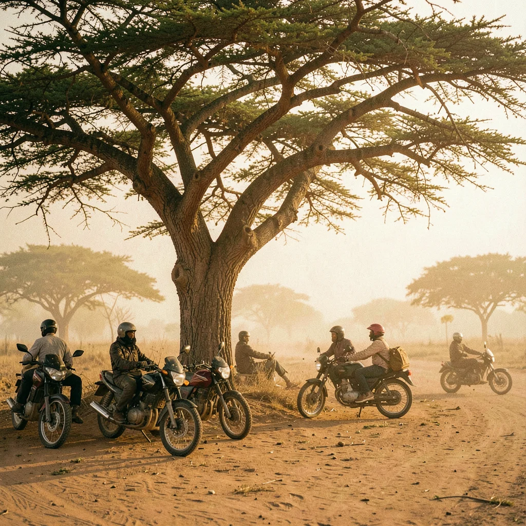 Golden Harmattan dust haze in Bamako, Mali, Motorcycles parked under acacia tree