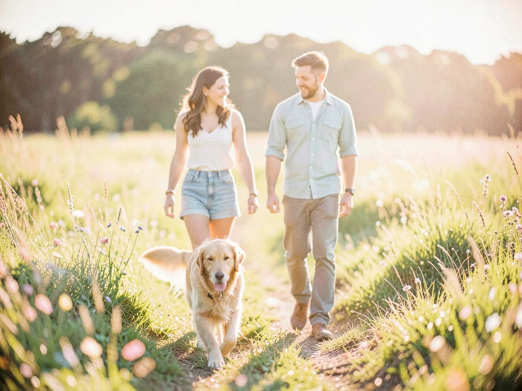 Two friends walking a golden retriever through a meadow