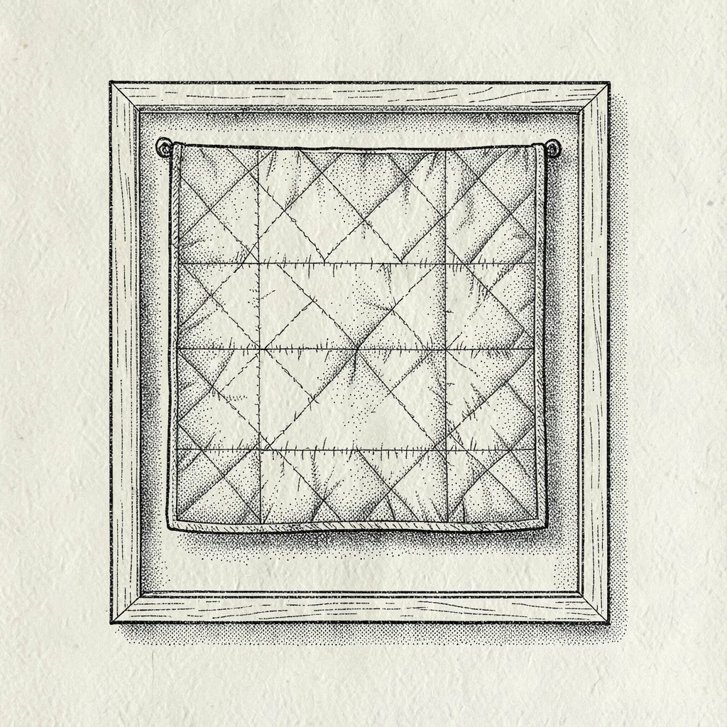 Ink study of a hung quilt on a frame, paper-tooth grain