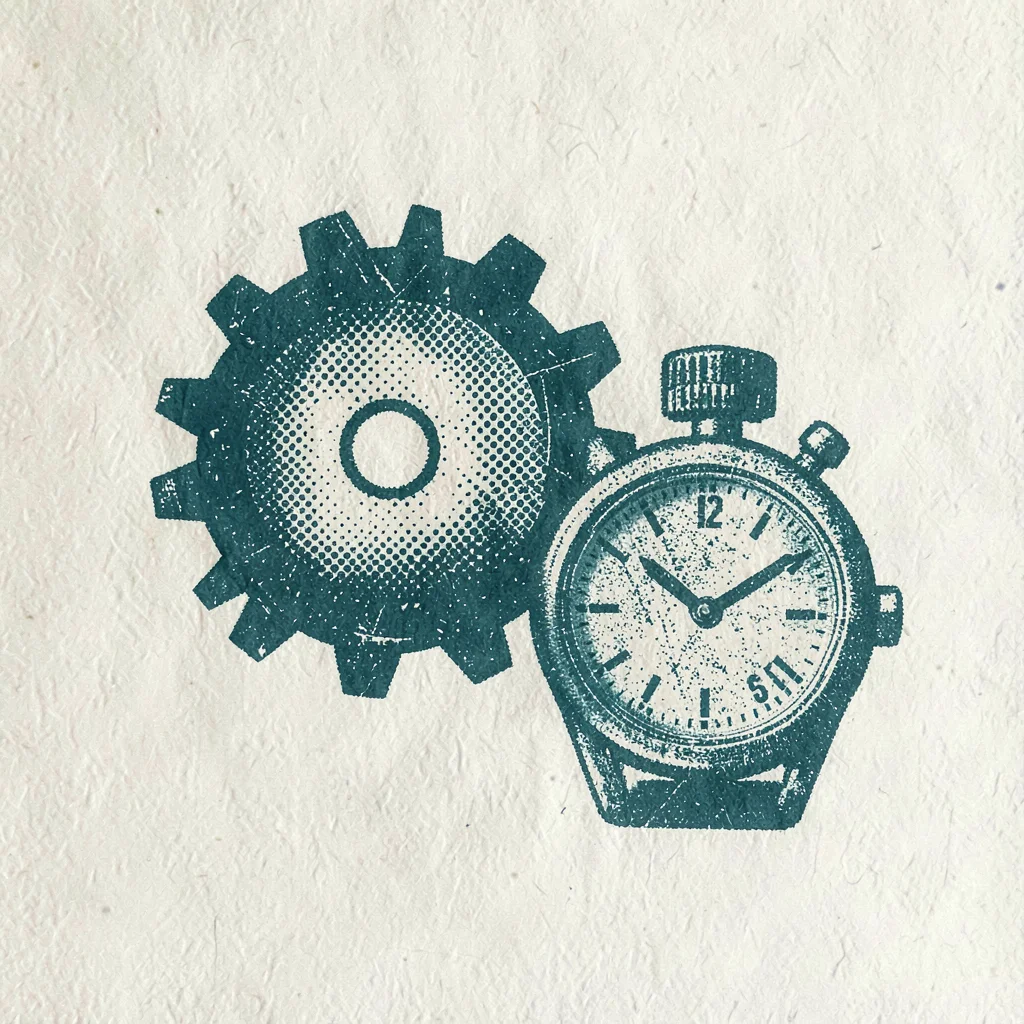 Screenprint window-decal motif of a halftone gear and a halftone watch in deep t