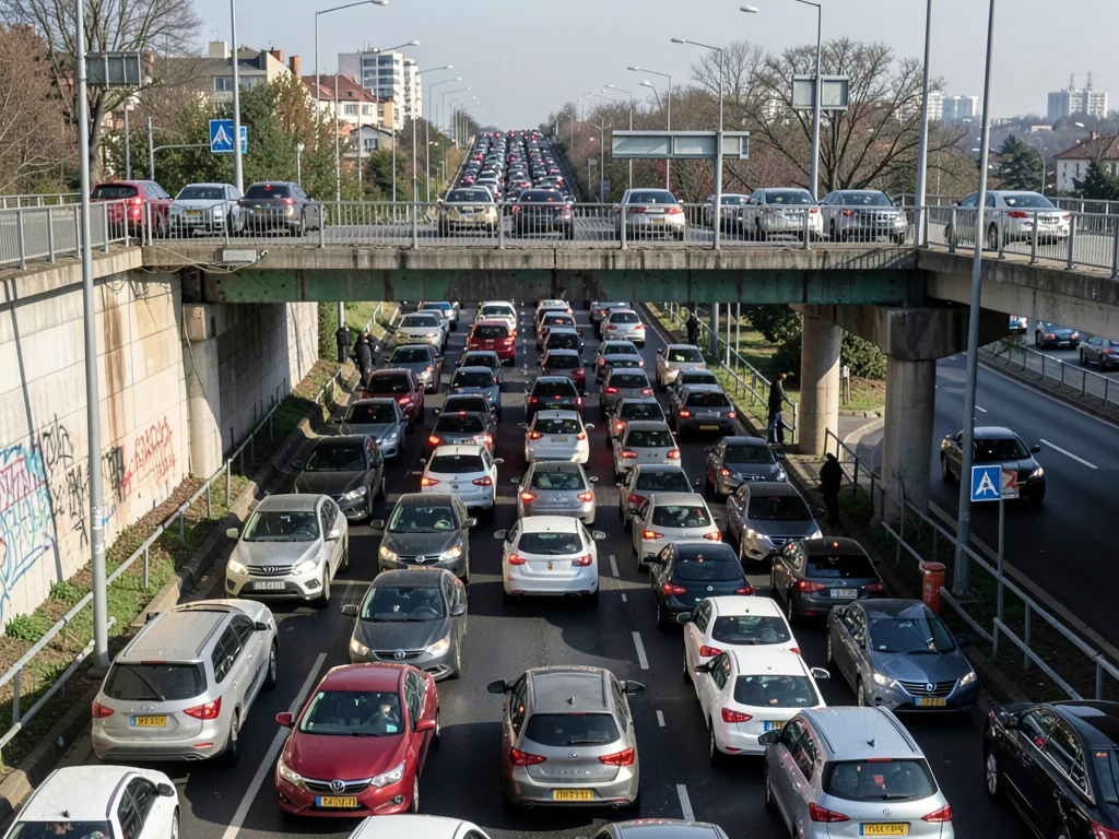 Traffic jam seen from overpass, cars filling frame