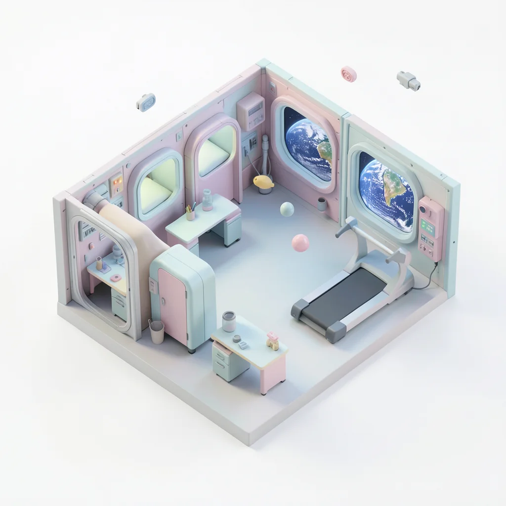 A space station module: lab benches, sleeping pods, a treadmill, viewports showi