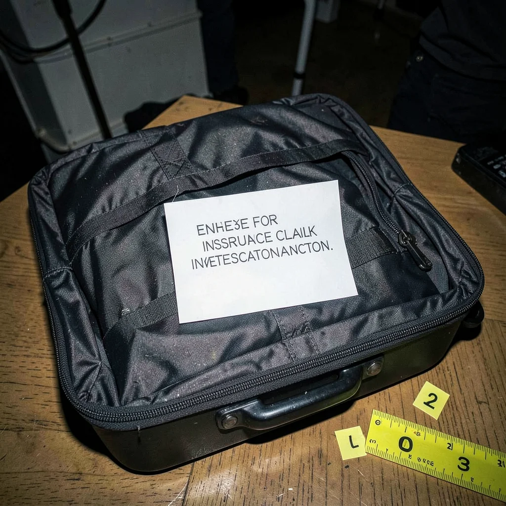 A packed suitcase documented as if for insurance claim investigation