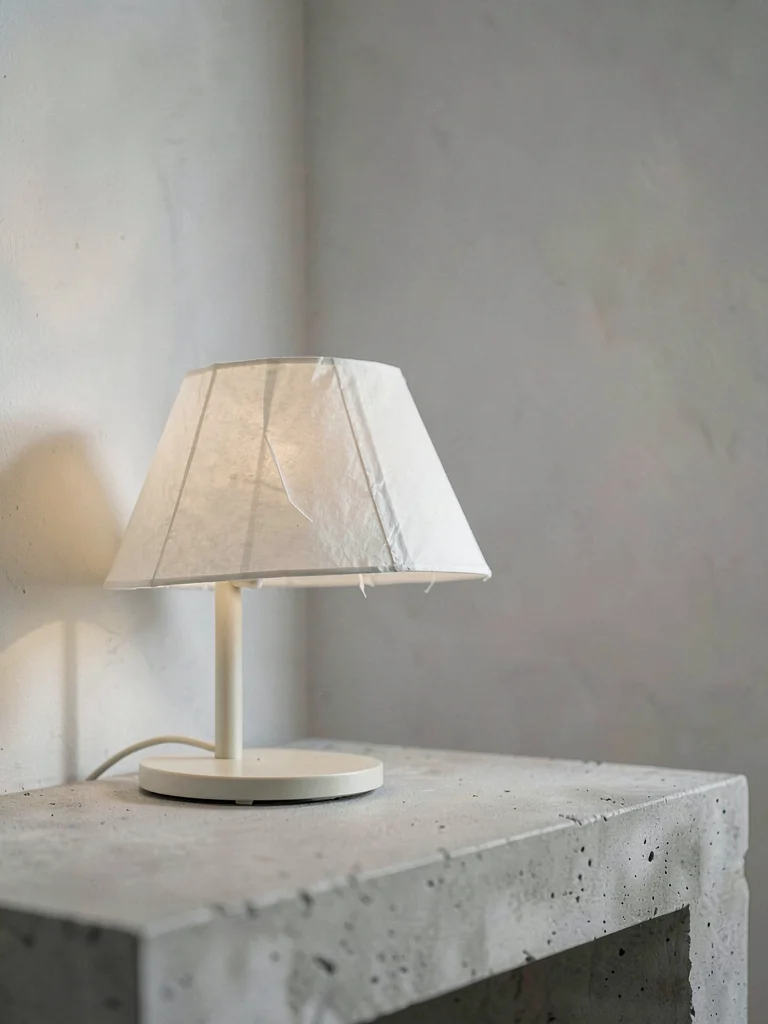 Side profile of a paper-shade lamp on chalky concrete, soft sidelight emphasizin
