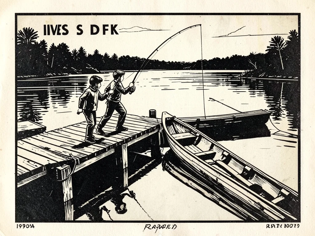 Two children fishing from a wooden dock on a calm lake, their fishing poles refl
