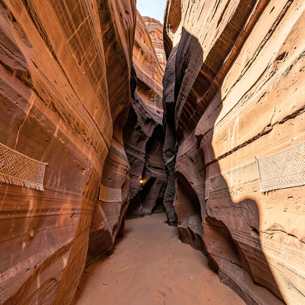 Warm desert-toned photograph, Wadi canyon walls in late afternoon, layered red a