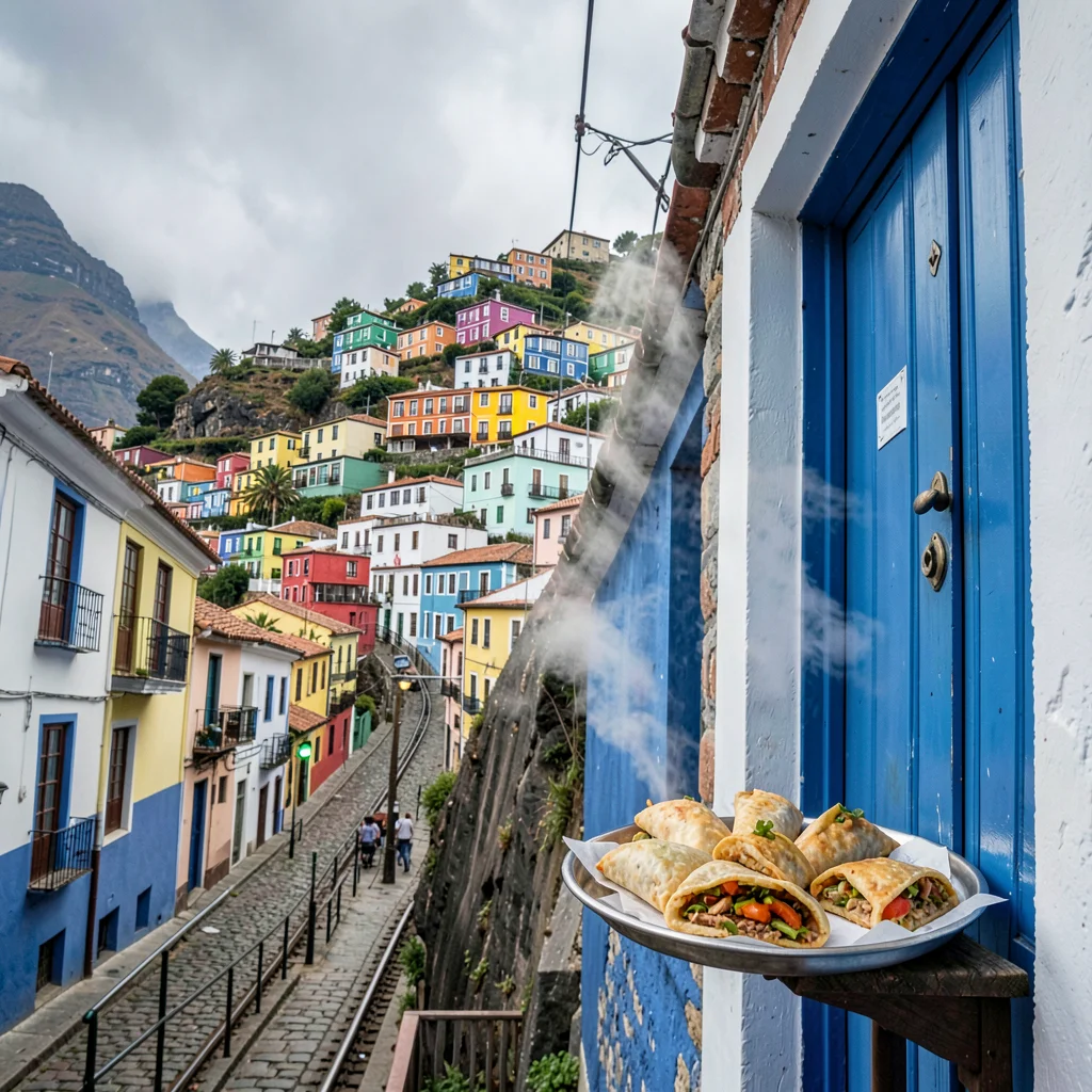 Valparaiso hillside color, painted houses climbing, Fresh empanadas arranged on 