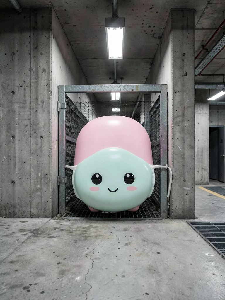 Cute character face mask on metro ventilation grate, industrial air meets adorab