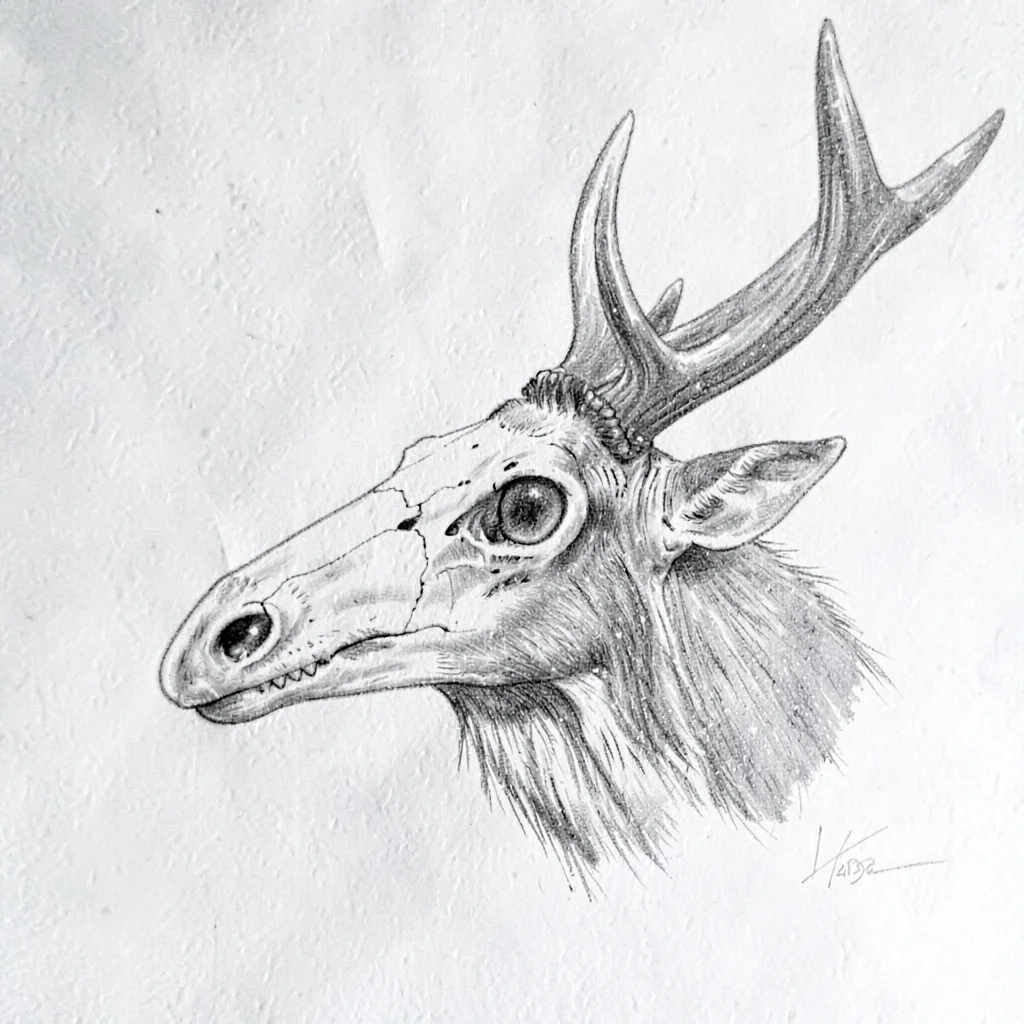 detailed pen drawing of a deer skull in profile