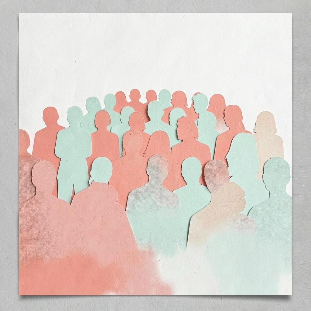 Riso poster of a clustered audience as cut-paper silhouettes in coral and mint, 