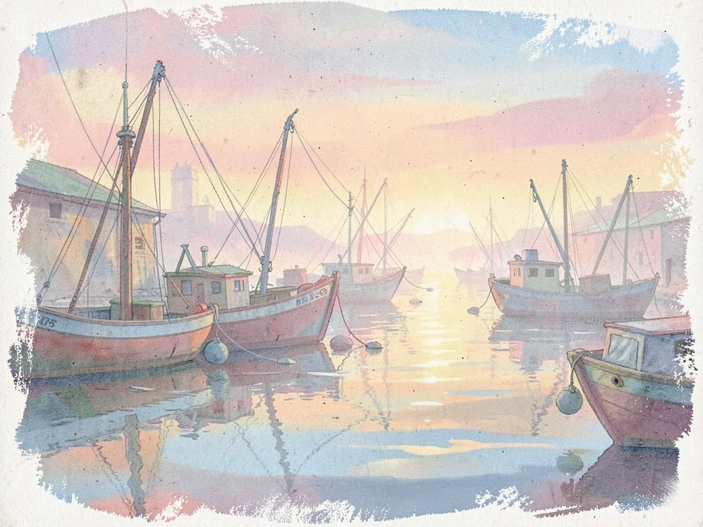 Misty harbor at dawn with fishing boats