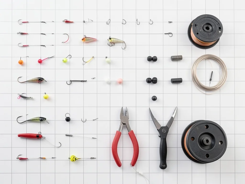 A fisherman's tackle: hooks graded by size, lures, bobbers, weights, pliers, lin