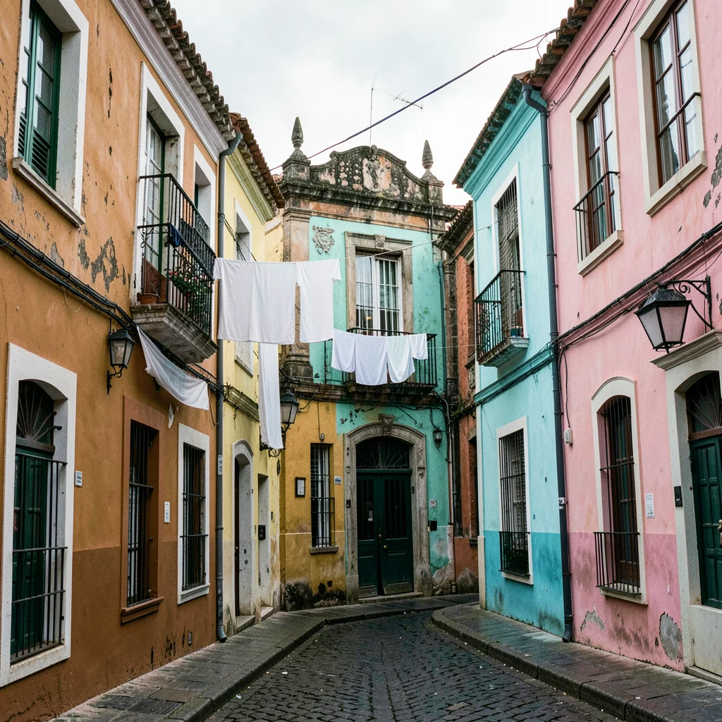 Salvador Pelourinho color, Bahian colonial saturation, Laundry hanging between t
