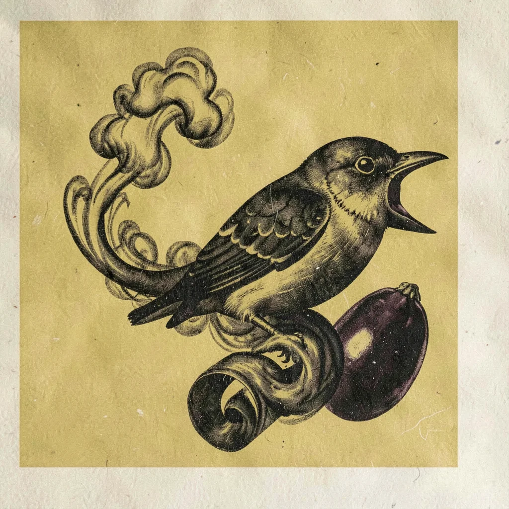 Risograph composition of a curling ribbon of smoke shaping into a bird, mustard 