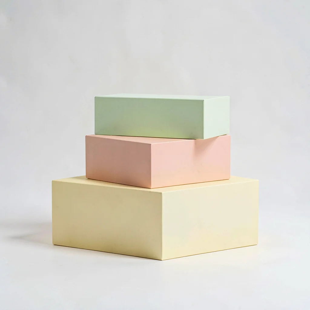 Color-block layout of three stacked parcels on a butter-yellow block, balanced n