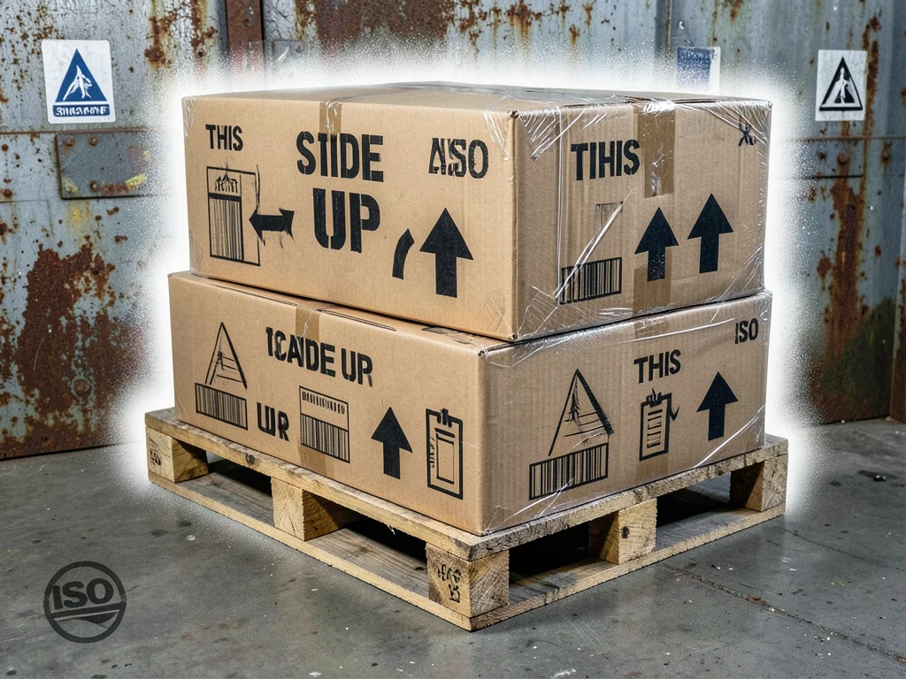 A wooden pallet stacked with cardboard boxes, each box stamped with a barcode, T