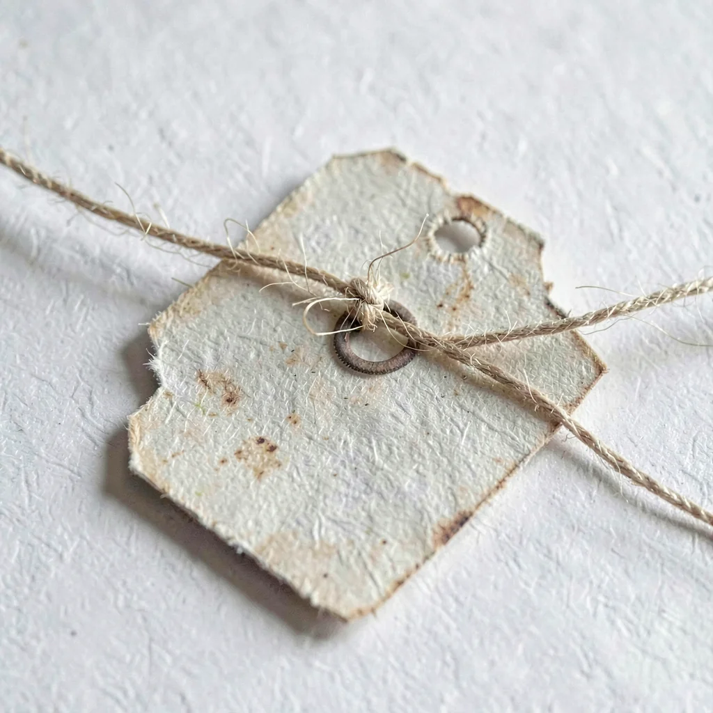 Paper close-up of an aged price tag tied with thin twine