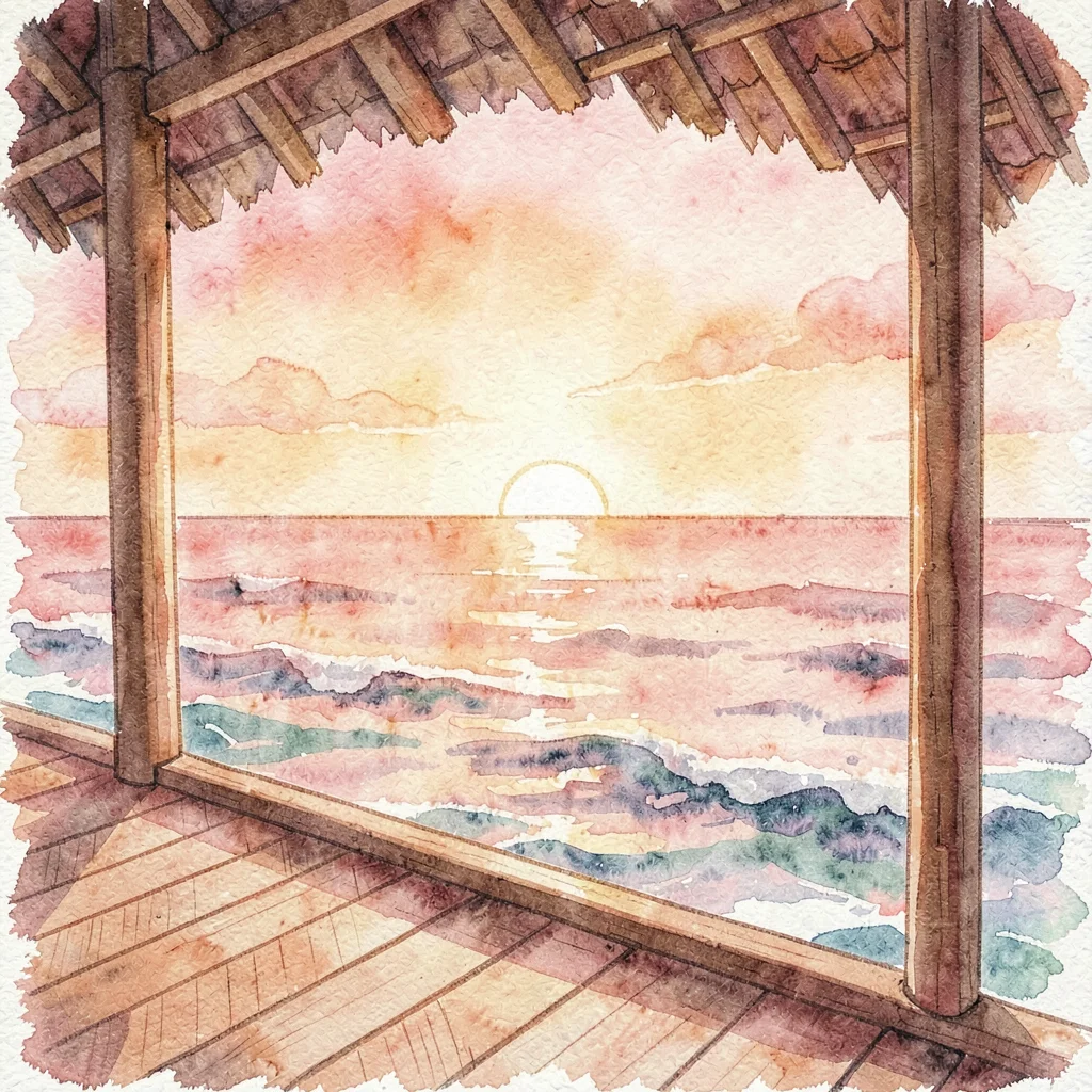 soft-wash sunset deck overlooking ocean from the shala edge, warm orange-pink gr