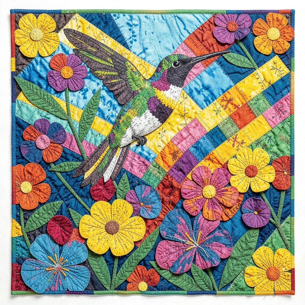 Panamanian mola textile illustration, a hummingbird hovering over layered flower