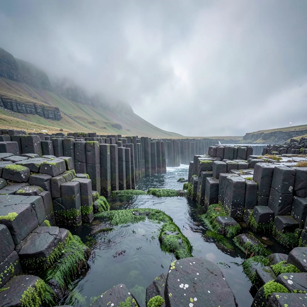 Highland atmospheric mist, Skye grey-green-purple, Basalt columns descending int