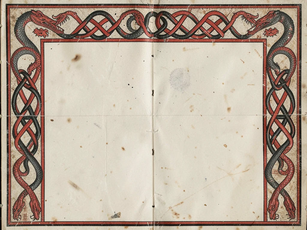 Border strip — continuous running knotwork band with serpent head emerging at ea