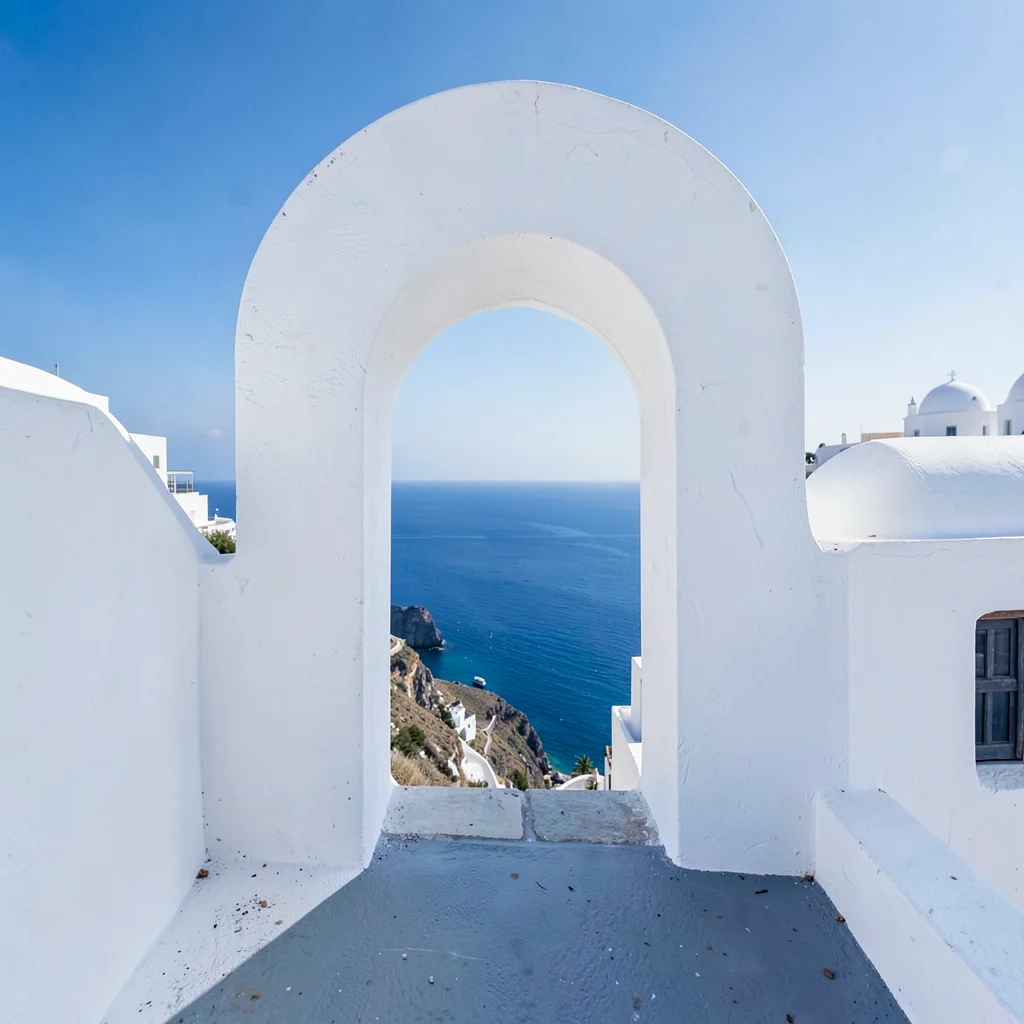 Sidi Bou Said cobalt-white, cliff-top absolute palette, Whitewashed archway lead