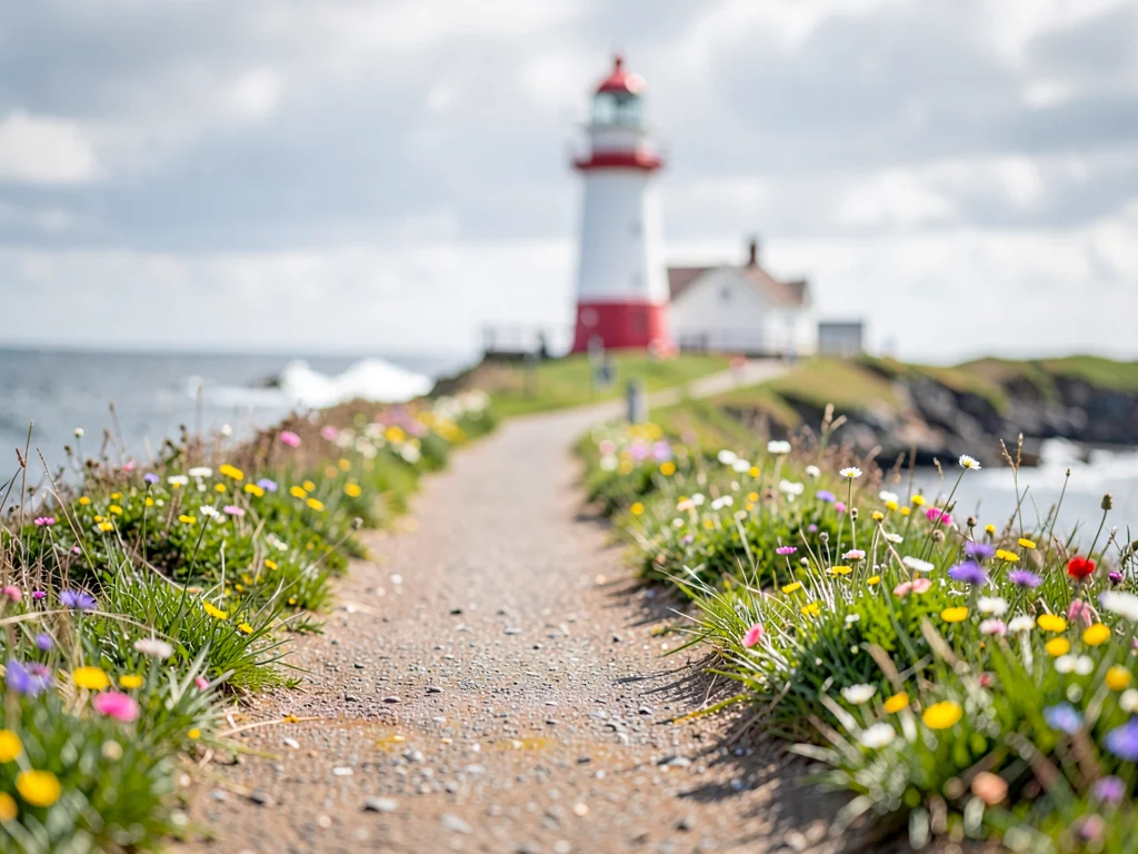 Coastal path from near wildflowers to lighthouse