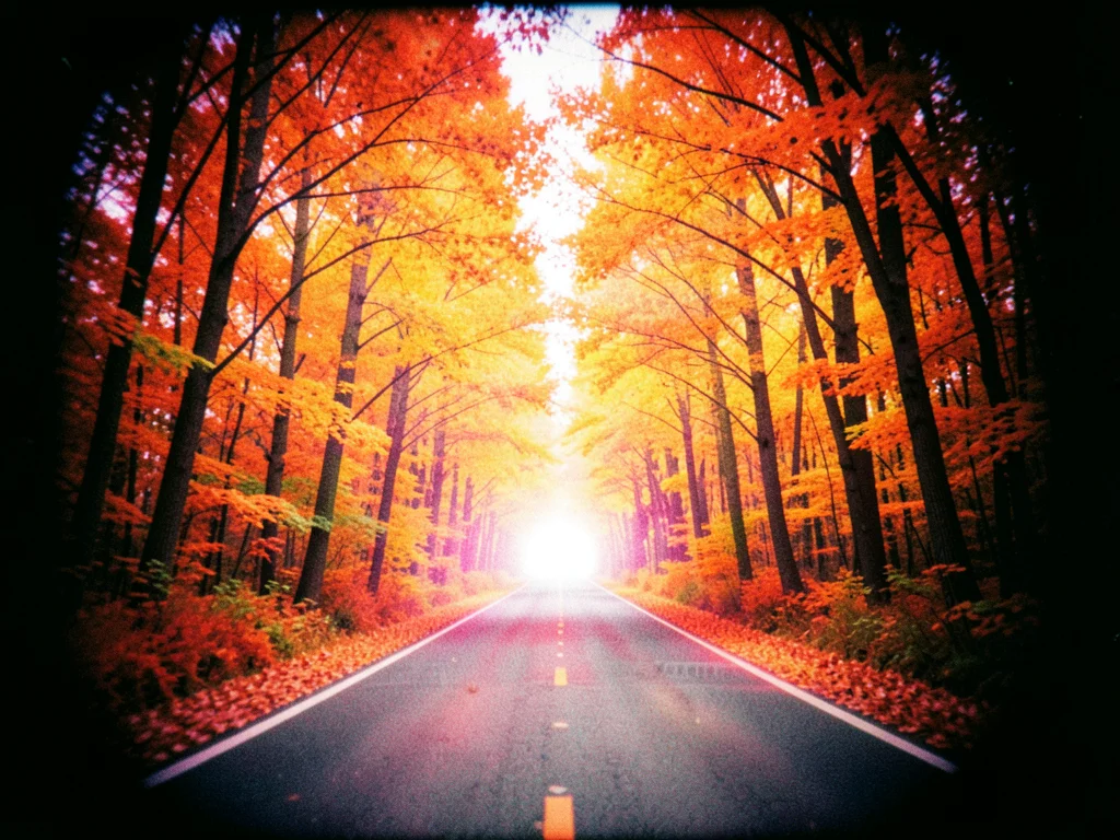 A road through autumn forest, the tunnel of orange and red trees leading to a wh
