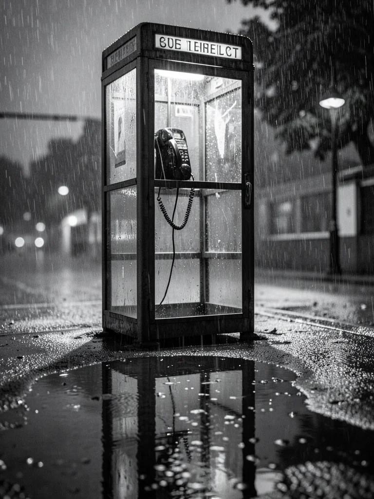 Phone booth in rain, receiver dangling, puddle reflection, noir atmosphere