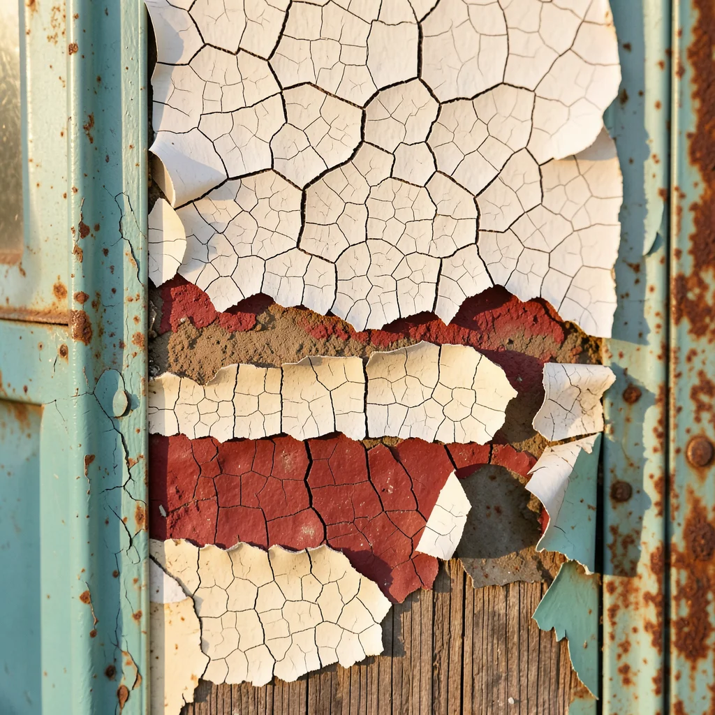 Alligator cracking in thick paint on metal door, grid pattern of deep cracks rev