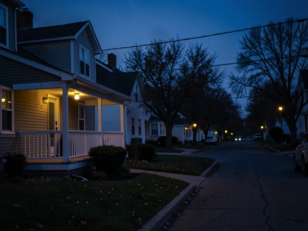 Last light on suburban street, porch lights starting to come on