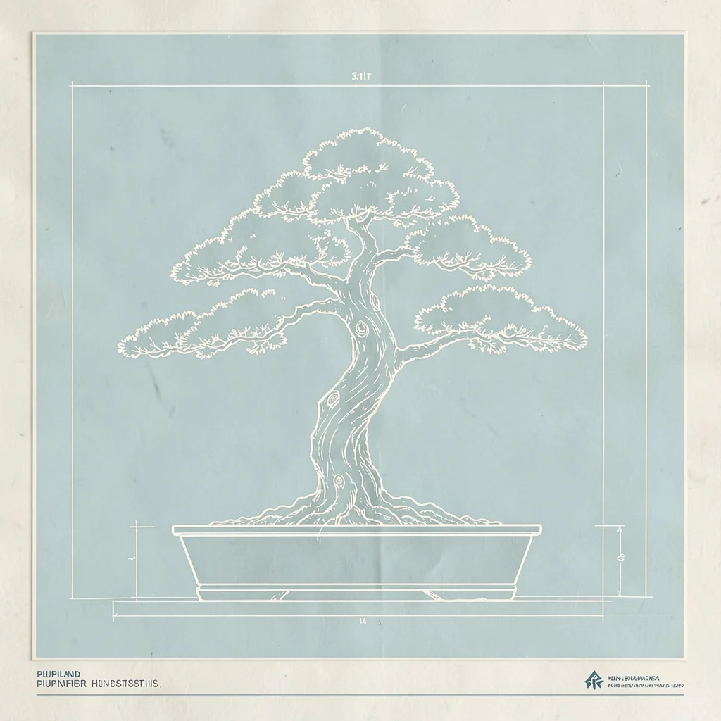 Blueprint elevation of five bonsai styles deconstructed into trunk-line silhouet