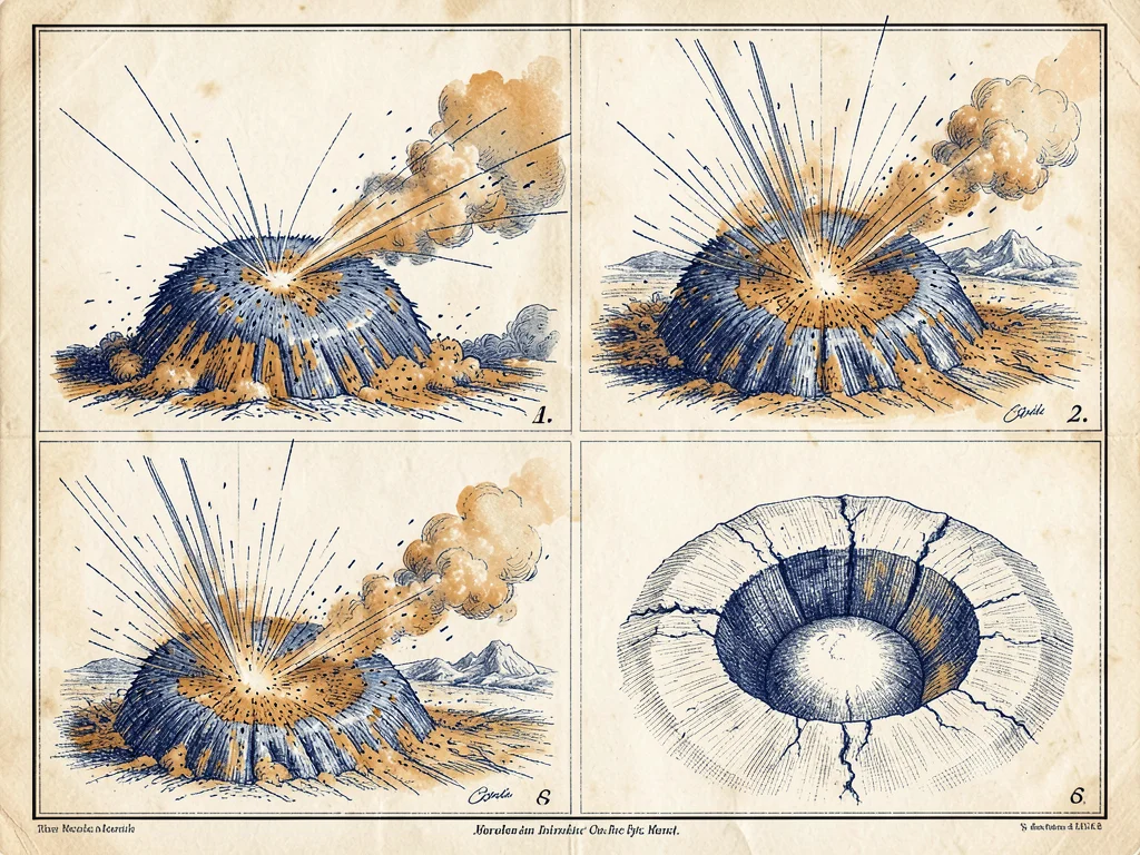 Meteor strike rendered as four sequential diagrams showing approach, impact, eje