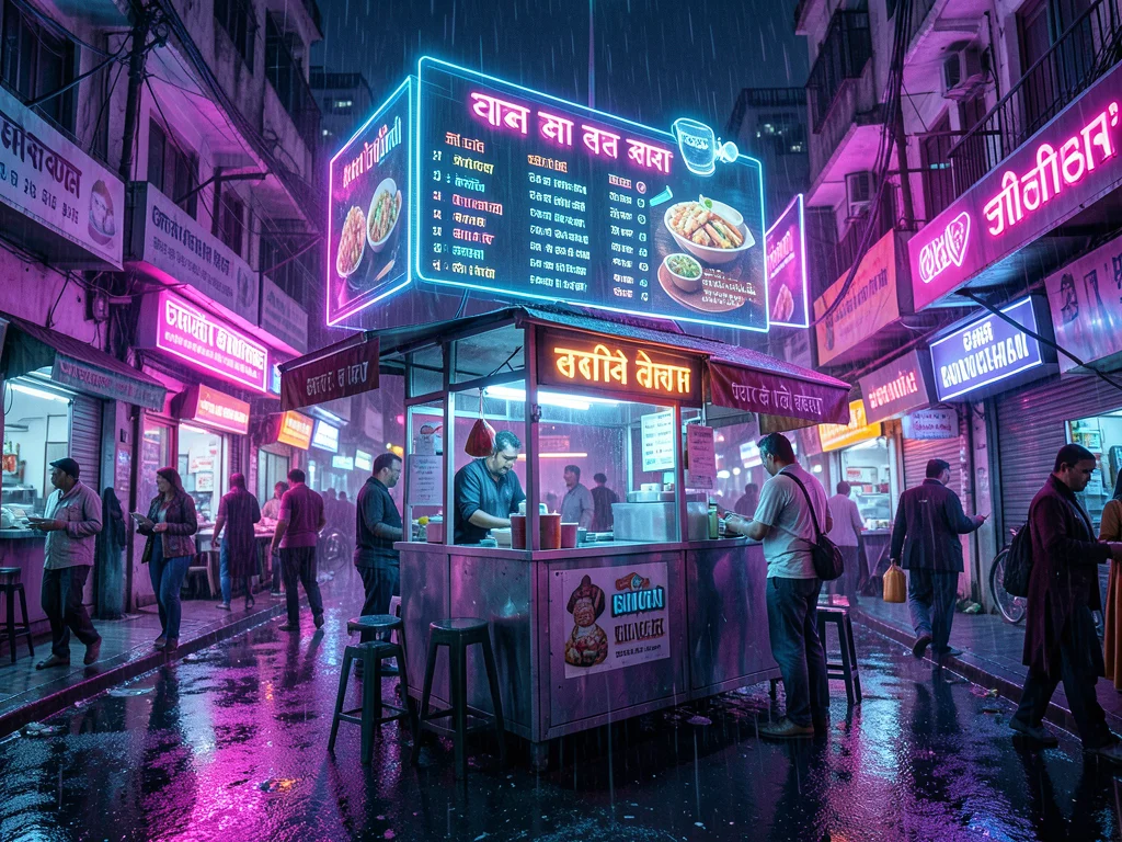 Chai stall on a Mumbai street at night, holographic menu floating above, neon Hi