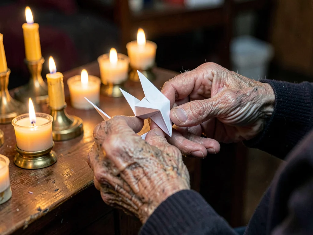 Elderly hands folding origami cranes by a cluster of votive candles
